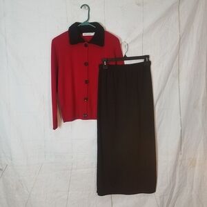 Vintage Karen Lessly Knit Sweater Red and Black Button-Up Cardigan and Skirt Set